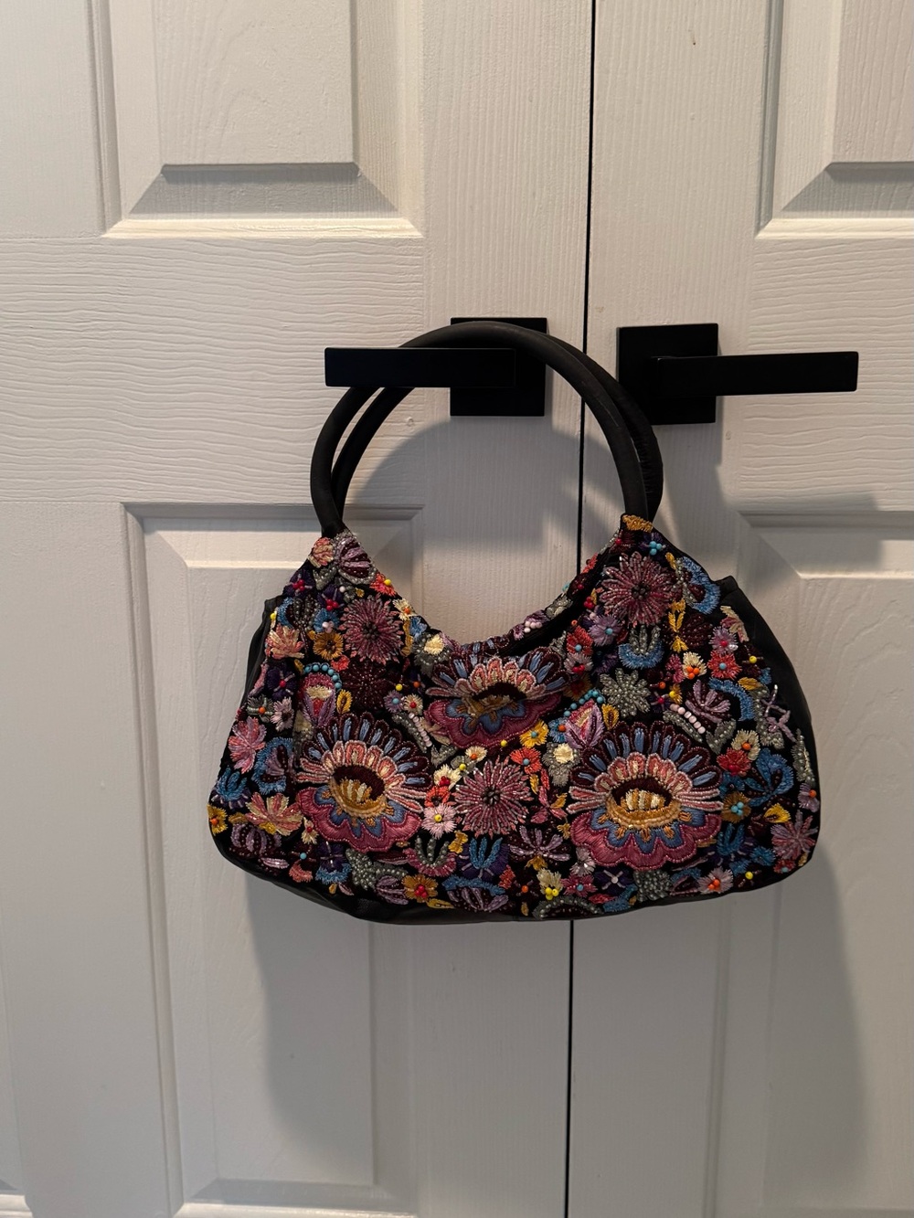 SANTI Black Embroidered Floral Hobo Bag with Multicolor Beading